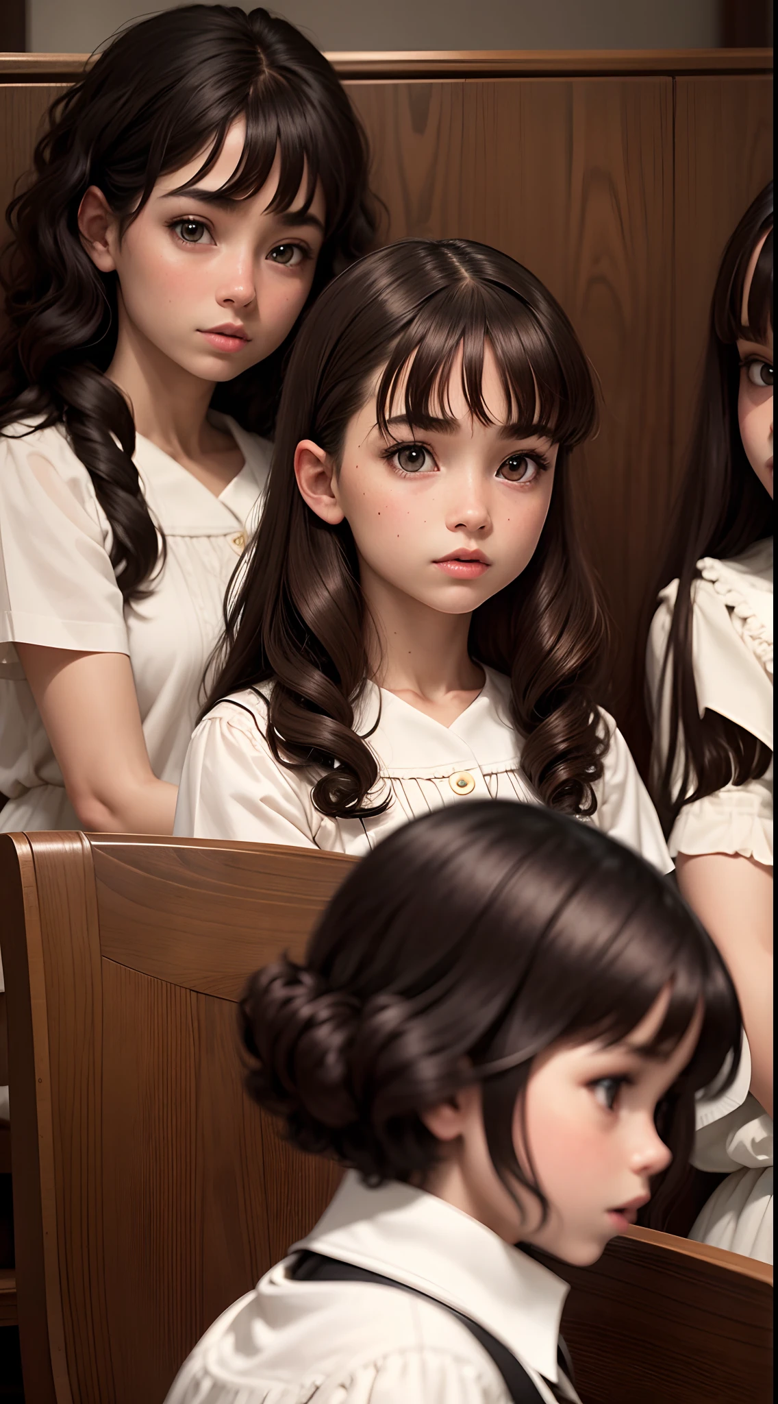 An image of three sisters singing in an evangelical church when they .
The Sisters were 10, 11, and 1yearold. therunette, with curly dark brown hair with bangs, dark brown eyes. The one in the middle, brunette, curly dark brown hair, light brown eyes. The oldest, white, curly dark brown hair, black eyes. Give me images of extreme quality, in ultra HD