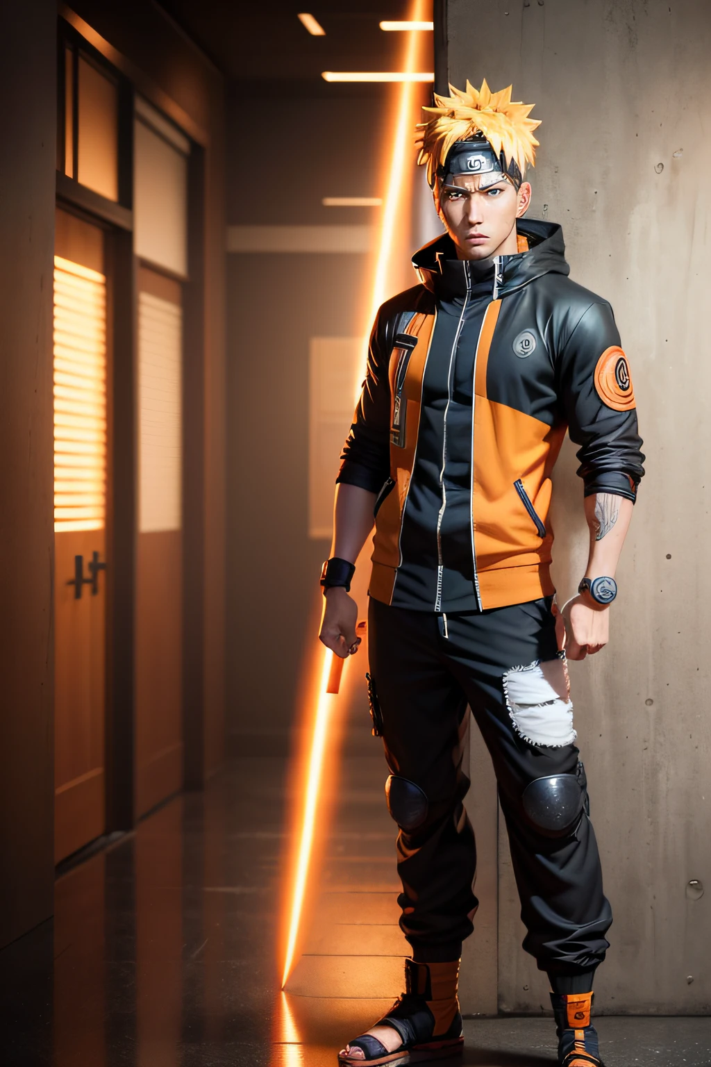 full body shot Naruto, Naruto uzumaki, Create a mascular Naruto uzumaki avatar, a close badass look. Inspired by Naruto uzumaki from Naruto, photo (photorealism) (realistic) (ultra HD) (8k wallpaper) (fine details) (extreme details on face)
