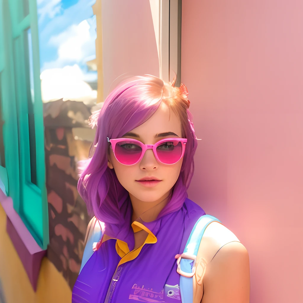 arafed woman with purple hair and sunglasses standing outside of a building, nice afternoon lighting, in the sun, with the sun shining on it, lofi portrait at a window, on a bright day, on a sunny day, afternoon sunshine, afternoon sunlight, woman with rose tinted glasses, taken on a 2010s camera, bathing suit, pink body, swimsuit, is wearing a swimsuit, monokini, wearing two - piece swimsuit, cute girl wearing tank suit, closed swimsuit, wet swimsuit, in retro swimsuit, emma watson wearing a swimsuit, photo of emma watson in swimsuit, bubblegum body, victoria justice, cut out