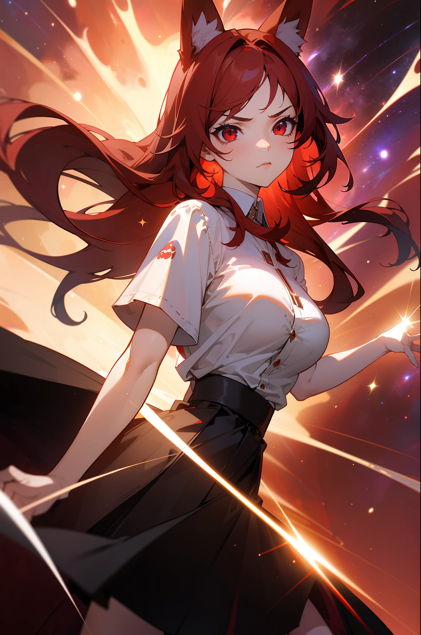 Masterpiece,best quality,hd,4k,1girl ,20s,serious face,white shirt,black skirt,medium tits,red hair,long hair,red eyes,fox ears,waist-up view,close-up,dynamic pose,dynamic lights, god rays,(((galaxy background)))