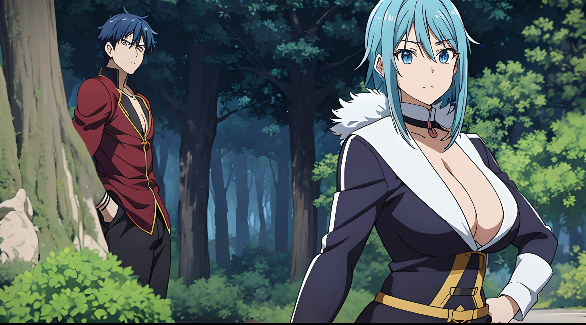 A male anime character surprised by a blue-haired girl. Dressed with a lot of cleavage, forest in the background, large breasts.