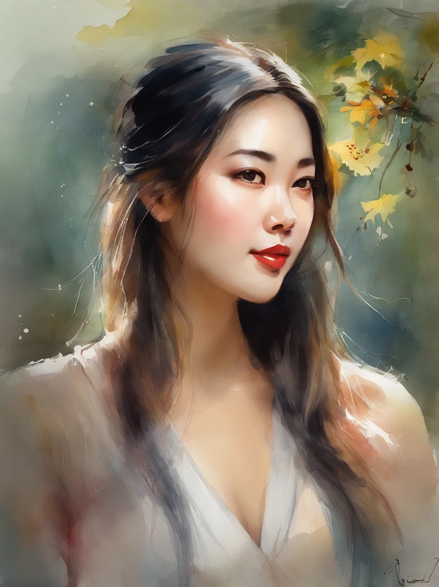 Watercolor painting of a Very Beautiful chinese girl : : Trending on Artstation: : Simple composition creates a sense of order and harmony. The painting reflects the spiritual qualities of the natural world. --up light --ar 9:16