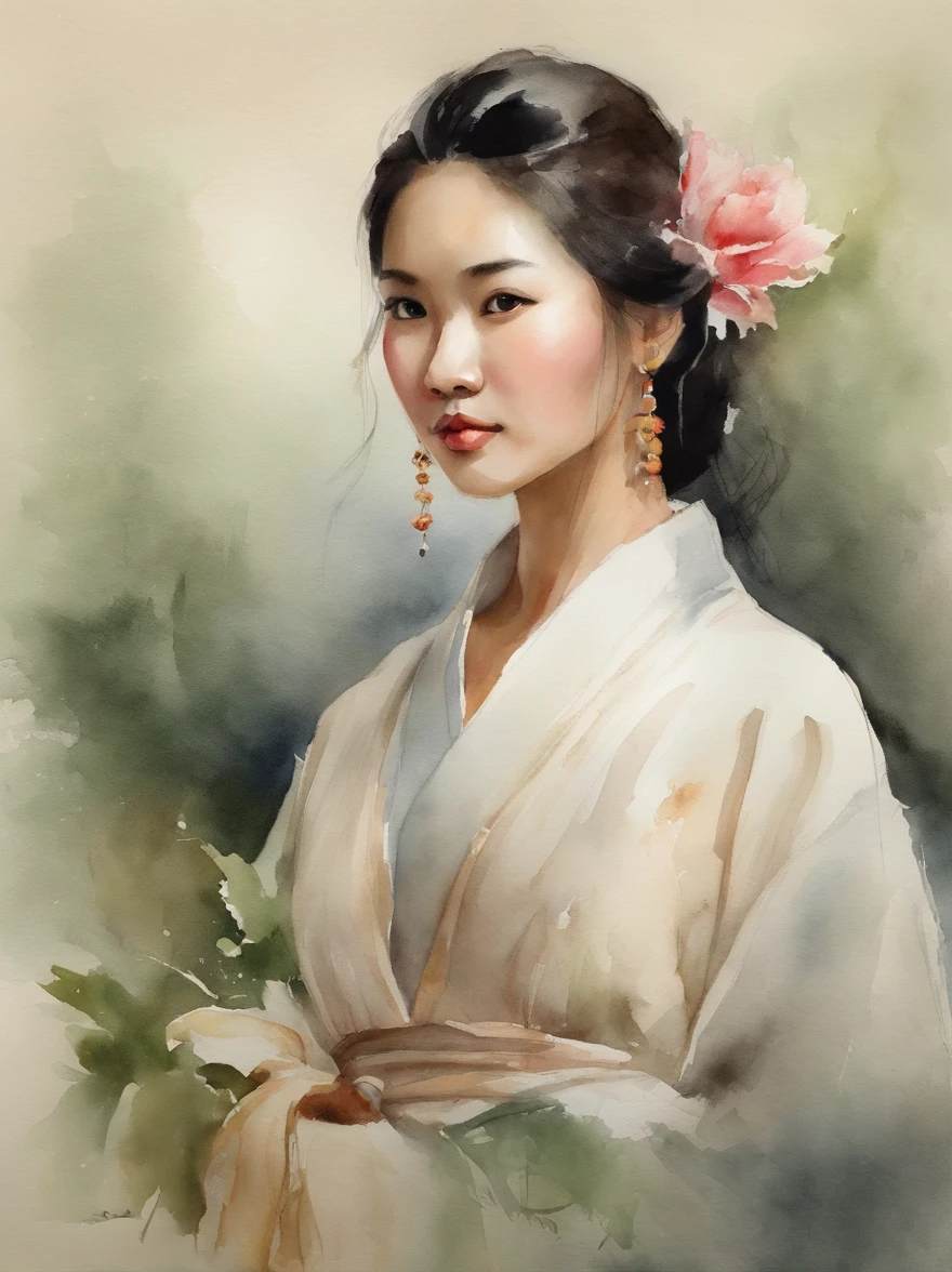 Watercolor painting of a Very Beautiful chinese girl : : Trending on Artstation: : Simple composition creates a sense of order and harmony. The painting reflects the spiritual qualities of the natural world. --up light --ar 9:16