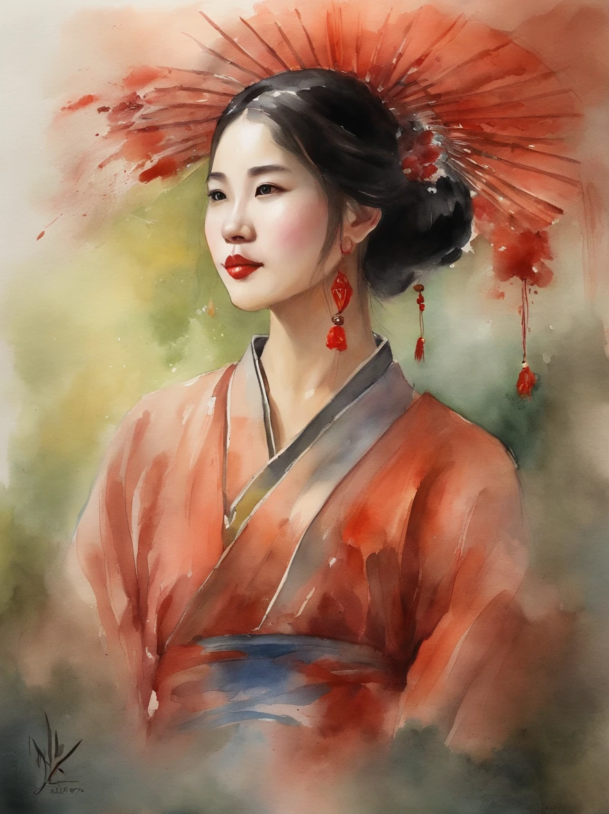 Watercolor painting of a Very Beautiful chinese girl : : Trending on Artstation: : Simple composition creates a sense of order and harmony. The painting reflects the spiritual qualities of the natural world. --up light --ar 9:16