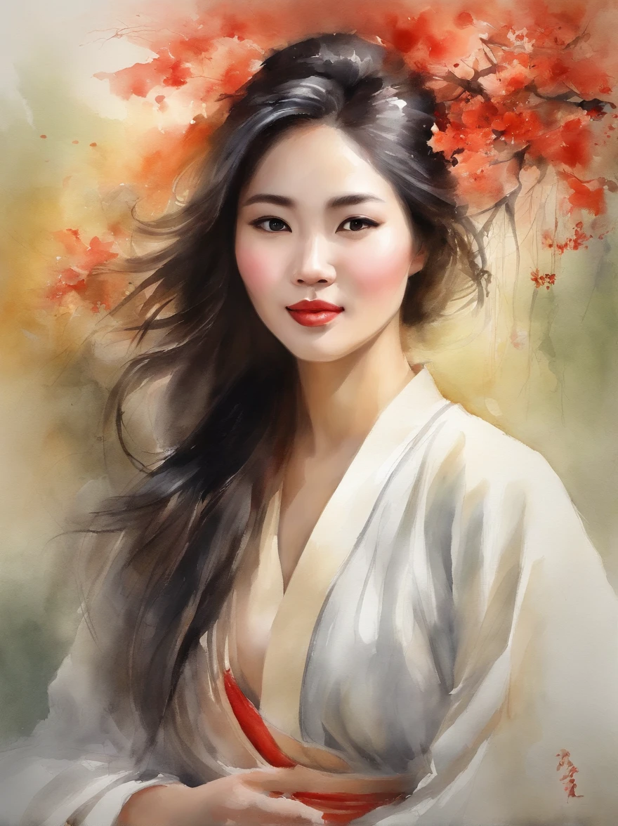 Watercolor painting of a Very Beautiful chinese girl : : Trending on Artstation: : Simple composition creates a sense of order and harmony. The painting reflects the spiritual qualities of the natural world. --up light --ar 9:16