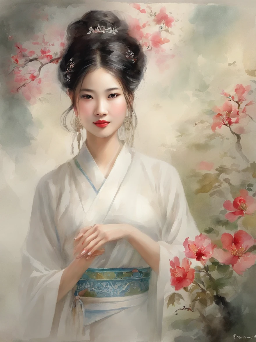 Watercolor painting of a Very Beautiful chinese girl : : Trending on Artstation: : Simple composition creates a sense of order and harmony. The painting reflects the spiritual qualities of the natural world. --up light --ar 9:16