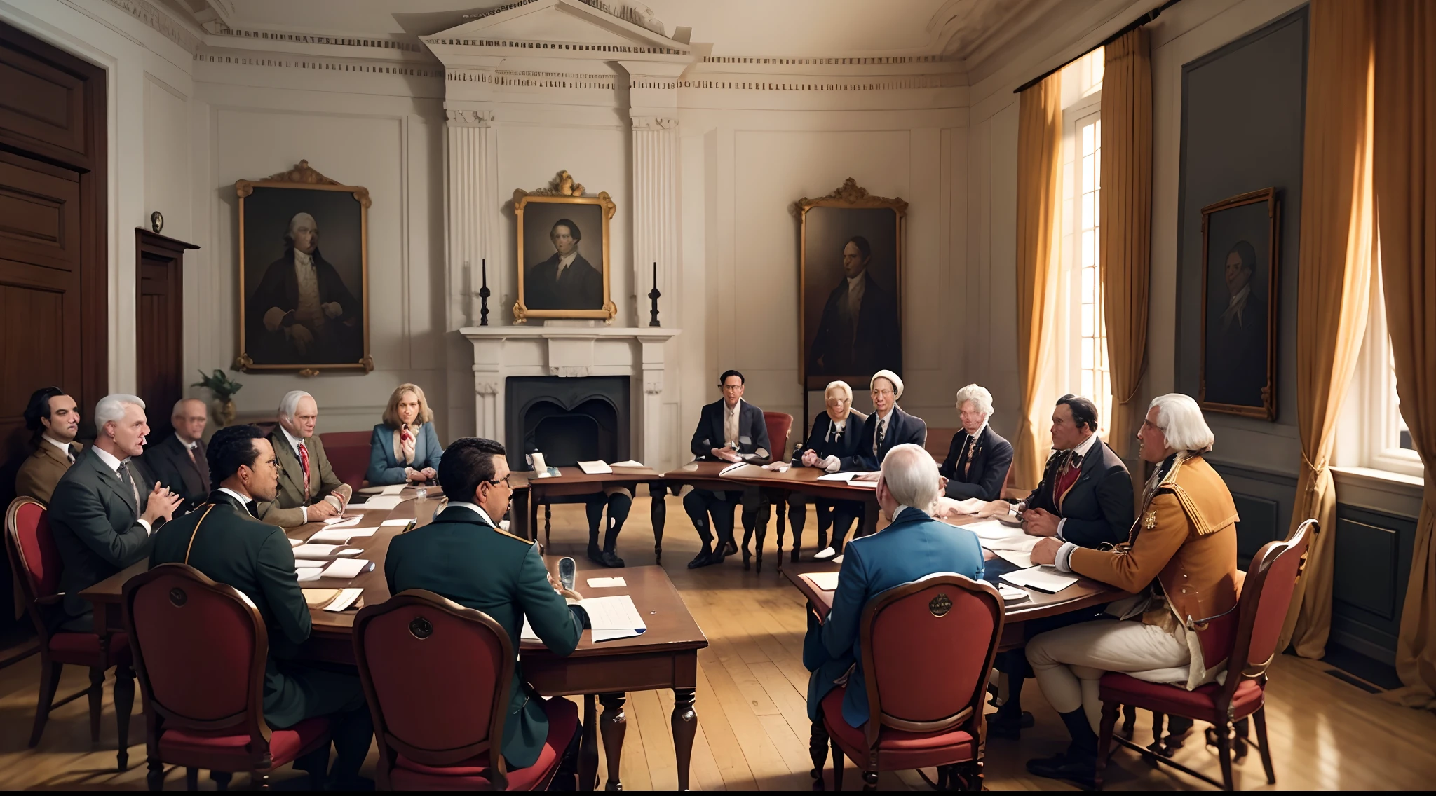 Imagine a historical scene in Philadelphia, em setembro de 1774, when colonial leaders meet at the First Continental Congress. Describe the atmosphere in the meeting room, where delegates from various colonies are sitting to discuss their grievances against British rule. Explore the emotions, the initial discussions and the goals of the delegates as they seek to find a way to respond to the UK's oppressive actions and protect the rights of the American colonies.