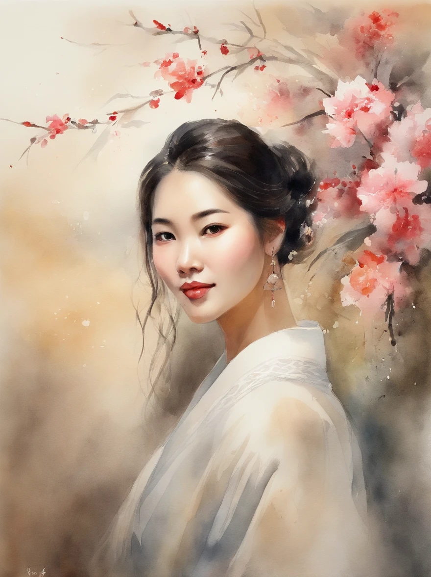 Watercolor painting of a Very Beautiful chinese girl : : Trending on Artstation: : Simple composition creates a sense of order and harmony. The painting reflects the spiritual qualities of the natural world. --up light --ar 9:16