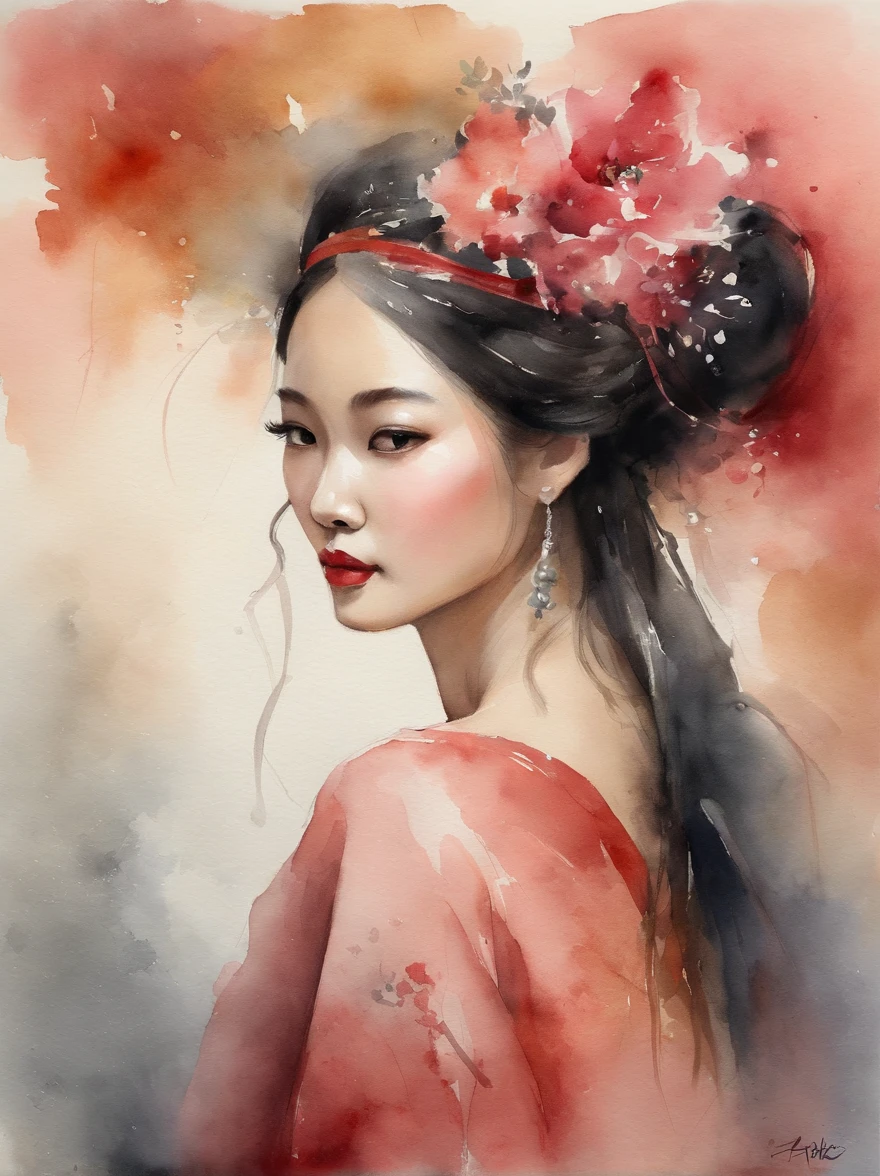 Watercolor painting of a Very Beautiful chinese girl : : Trending on Artstation: : Simple composition creates a sense of order and harmony. The painting reflects the spiritual qualities of the natural world. --up light --ar 9:16