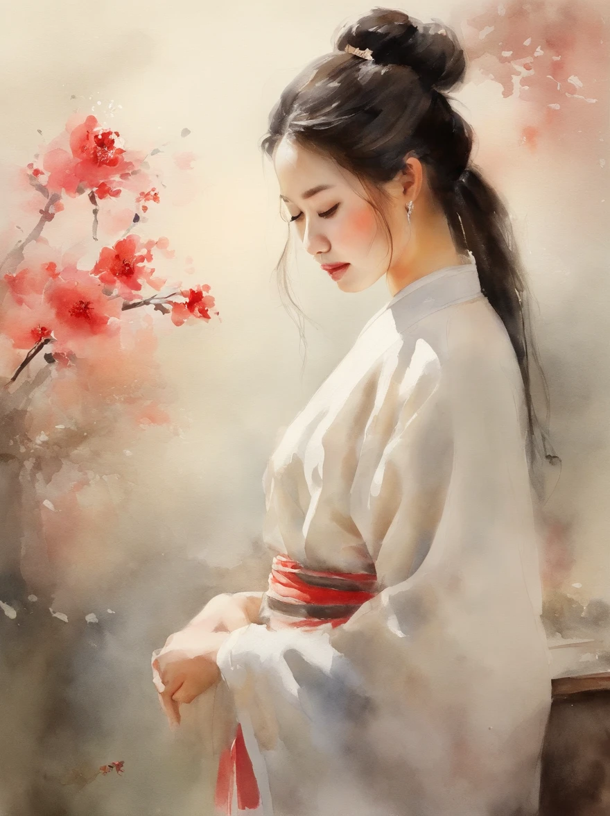 Watercolor painting of a Very Beautiful chinese girl : : Trending on Artstation: : Simple composition creates a sense of order and harmony. The painting reflects the spiritual qualities of the natural world. --up light --ar 9:16