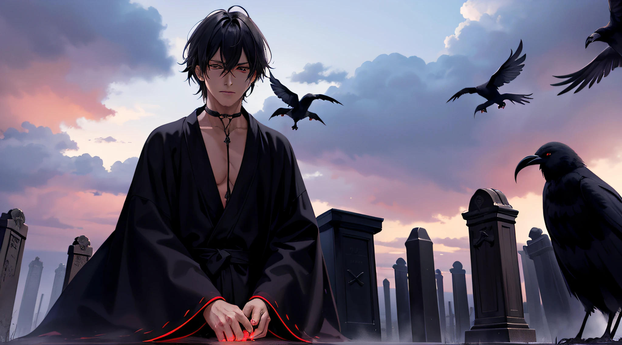 Dark Mage Male, In a black boho bathrobe, Hands to the sides, conjures, dark magic, red glow, Clouds of Crows, in the middle of the cemetery