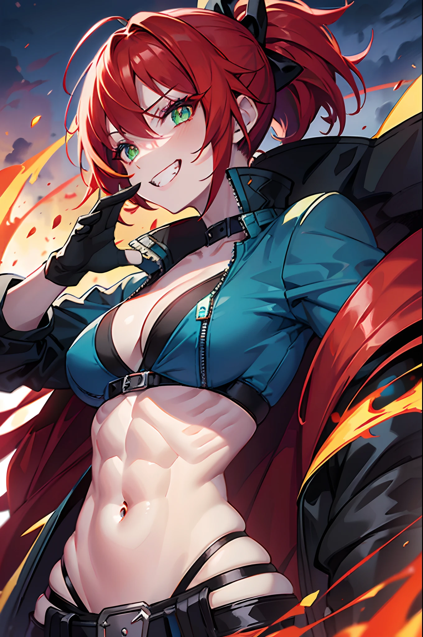 1 girl, solo, dark flaming red hair, (colourful_fringes), view from the side, menacing aura, grin, evil expression, jagged teeth, ponytail, black bow, glowing emerald green cyborg eyes, blue jacket, large breasts, V-neck, short gloves, (muscular physique)