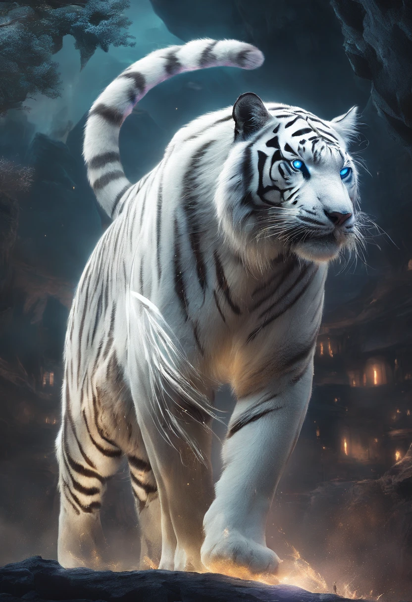 Chinese mythology,White Tiger,deity,ferocious,gigantic,with luminous light,glow effects,the night,Medium view Сцена,body complet, like a, highly detailed surreal vfx,oc render,Shoot with 70mm - AR