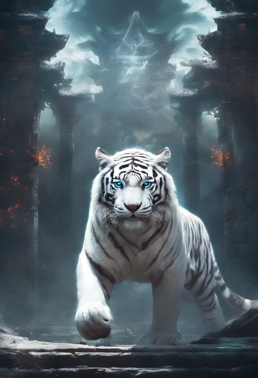 Chinese mythology，White Tiger，deity，ferocious，gigantic，with luminous light，glow effects，the night，Medium view Сцена，body complet, like a， highly detailed surreal vfx，oc render，Shoot with 70mm - AR