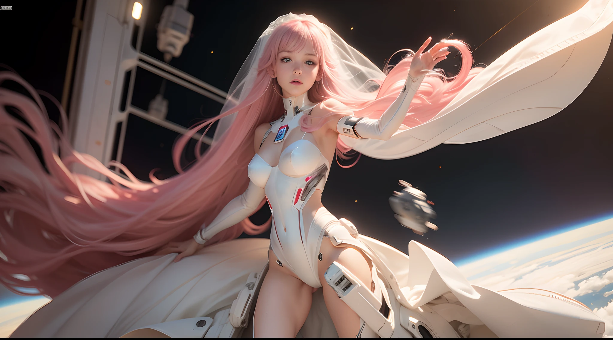 (Best Quality), Masterpiece, 8K, RAW, Cute white Silk Bride Naked，(Photo-realistic), white silk Dress, Pink long Hair, zero-gravity, Full-Body Portrait, soft Lighting, Mecha-Implants, (Cybernetics:1.2), Space-station, Particles floating in Air