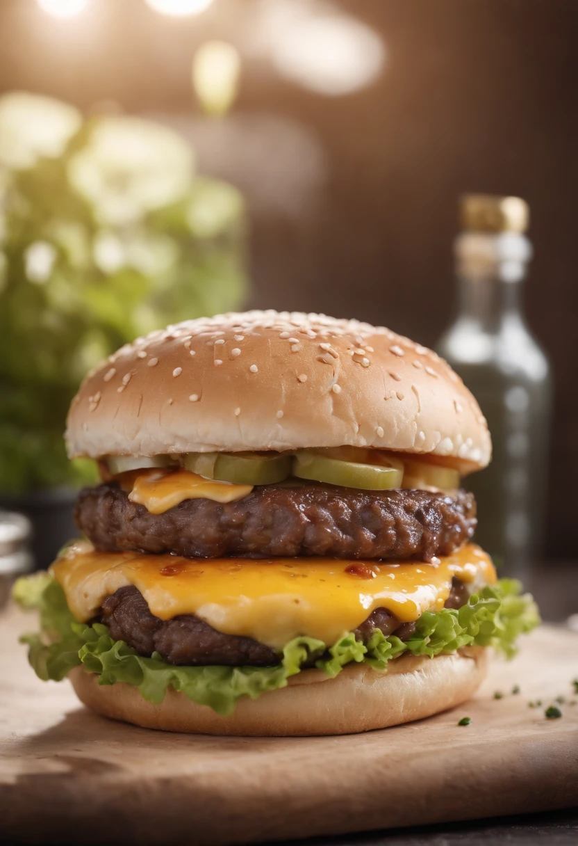 Culinary Photography, delicioso, handmade burger, To make one's mouth water, close - up, cores vibrantes, natural lightting, humor apetitoso, ambiente interno, lente grande angular de 30mm