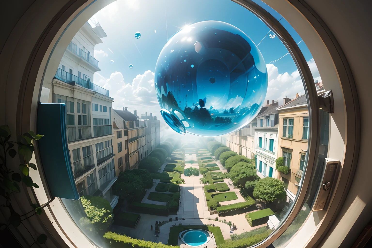 The blue transparent  bubble began to rise, floating toward the big square window. flying above a green garden