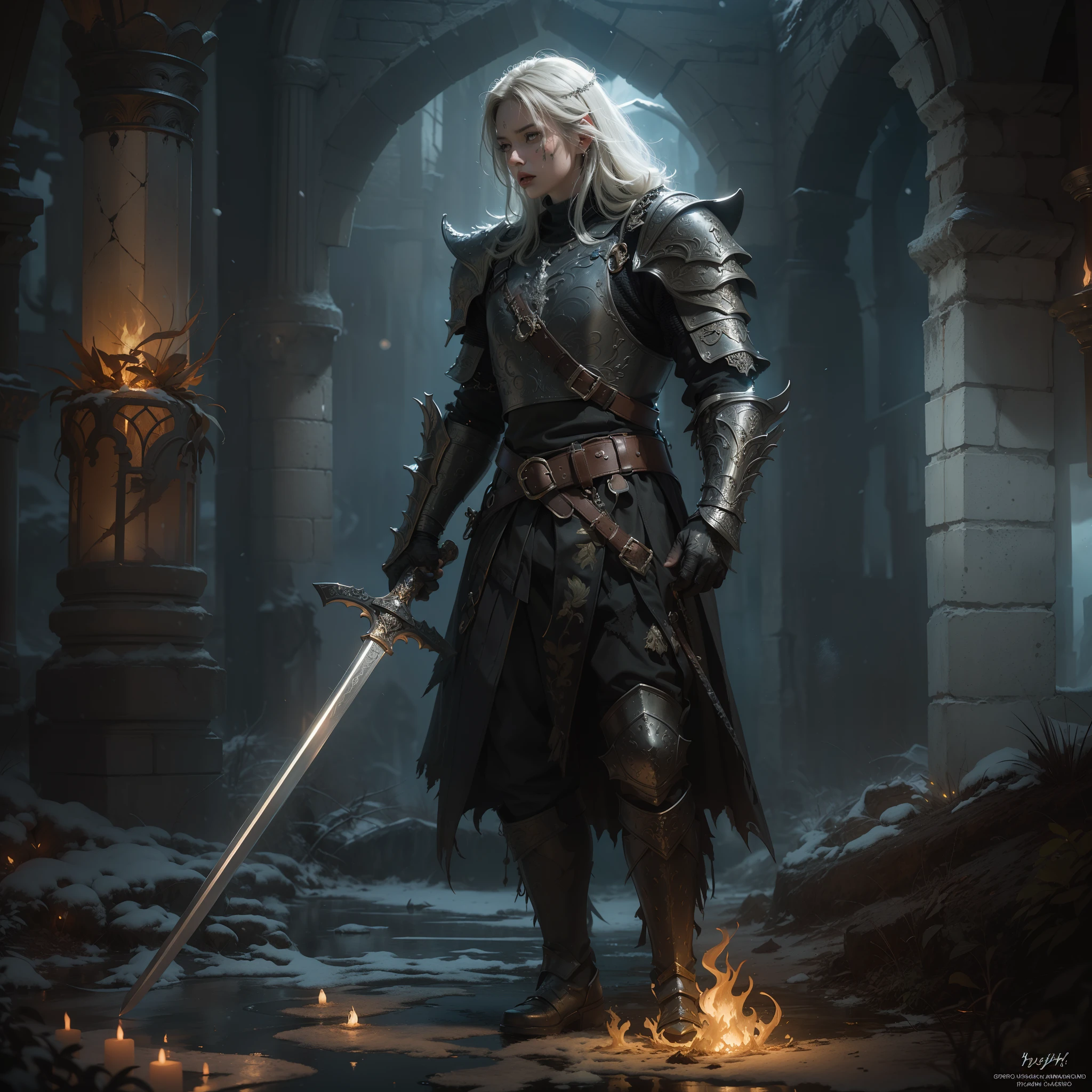 (Numerous masterpieces, Award-winning, with incredible detail, Textures and maximum detail), (hyper realistic:1.4), (Realistic:1.3), (best quality real texture skin), (Finely detailed True Circle eyes), (Finely detailed and beautiful face:1.6), ((The Medieval World)), dark black leather face mask, (Knight in Jet Black), Elegantly decorated, (dark black bulletproof vest with a delicate ornament), (The armor is covered with scars, but exquisitely decorated:1.5), Without helmet, (full-length portrait:1.6), ((Looking Up)), ((Looking down)), (Full-length standing image:1.8), (Clutching the hilt of an elaborately decorated black long sword, which glows with a monstrous light:1.7), (Dramatic pose), (Striking Pose), (BEAUTIFUL POSE), Beautiful white hair, Beautiful silver hair, Beautiful blonde hair ,Bathrobe made of black cobwebs, Spiders on armor, Strong warrior, Agile warrior, Fantasy, ((Dramatic photo)), ((Dynamic photo)), full body view, Highly detailed, ultra-realistic, intricate details, painting (Artwork), ((Masterpiece,Best Quality)), ((cinematiclight)), hyper realistic, fearsome, Dark Fantasy , Detailed armor, Detailed helmet, Epic Realistic, Faded, ((neutral colors)), Art, (HDR:1.5), (Muted colors:1.2), hyper detailed, (Art Station:1.5), Cinematic, warm light, luminous effect, Dramatic light, (intricate details:1.1), Complex background, (by Greg Rutkowsky:0.8), (teal and orange:0.4), (Swirling flame), (Swirling zipper), (Swirling ice and snow), Old ruins, teeming with plants, The ruins of the old castle, In the dungeon, Ruins of an ancient castle, Abandoned mine, Abandoned ruins, Crushing ruins, Ruins with clean puddles, twilight, Sunset, nightfall, ripples on the water, Plumbing, Battlefield, bioluminescense,
