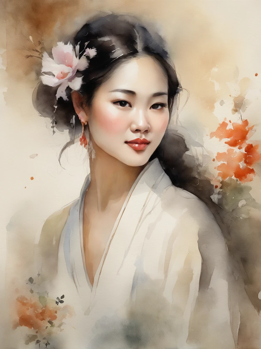 Watercolor painting of a Very Beautiful chinese girl : : Trending on Artstation: : Simple composition creates a sense of order and harmony. The painting reflects the spiritual qualities of the natural world. --up light --ar 9:16