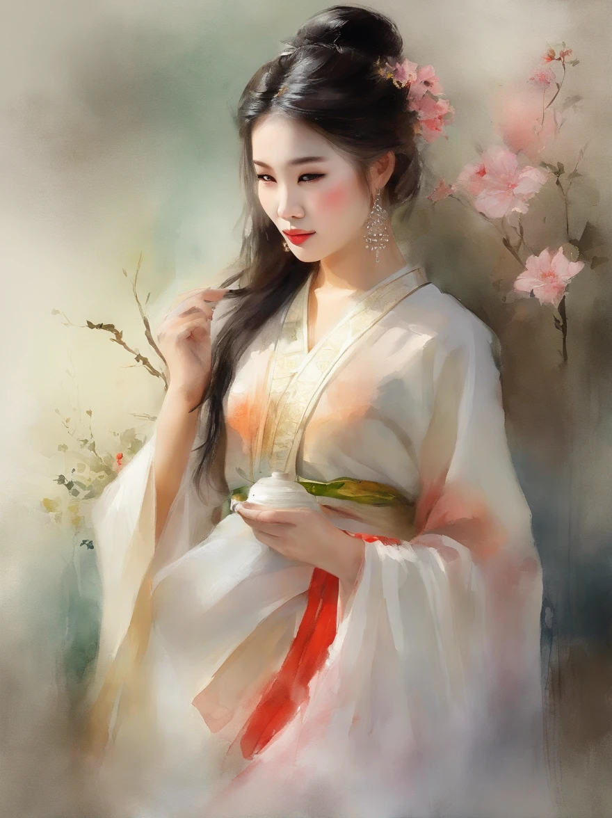 Watercolor painting of a Very Beautiful chinese girl : : Trending on Artstation: : Simple composition creates a sense of order and harmony. The painting reflects the spiritual qualities of the natural world. --up light --ar 9:16