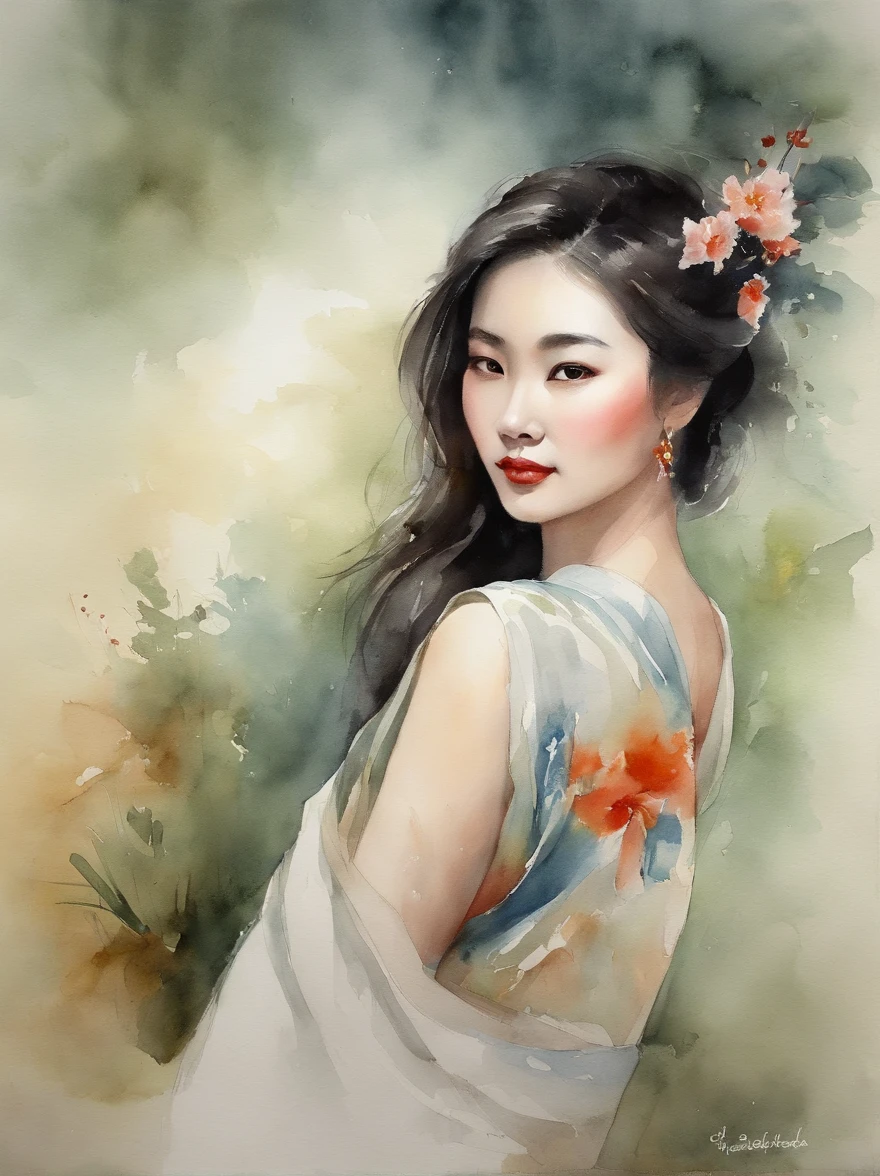 Watercolor painting of a Very Beautiful chinese girl : : Trending on Artstation: : Simple composition creates a sense of order and harmony. The painting reflects the spiritual qualities of the natural world. --up light --ar 9:16