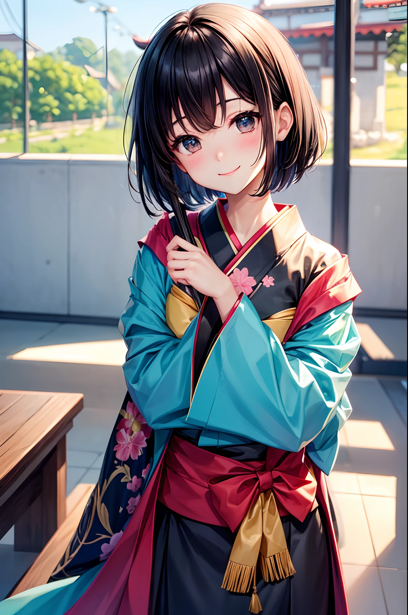 Best Quality、、Very cute、a smile、short-hair、Black hair、schools、I want to blush、Staring at this、winc、Kimono、
