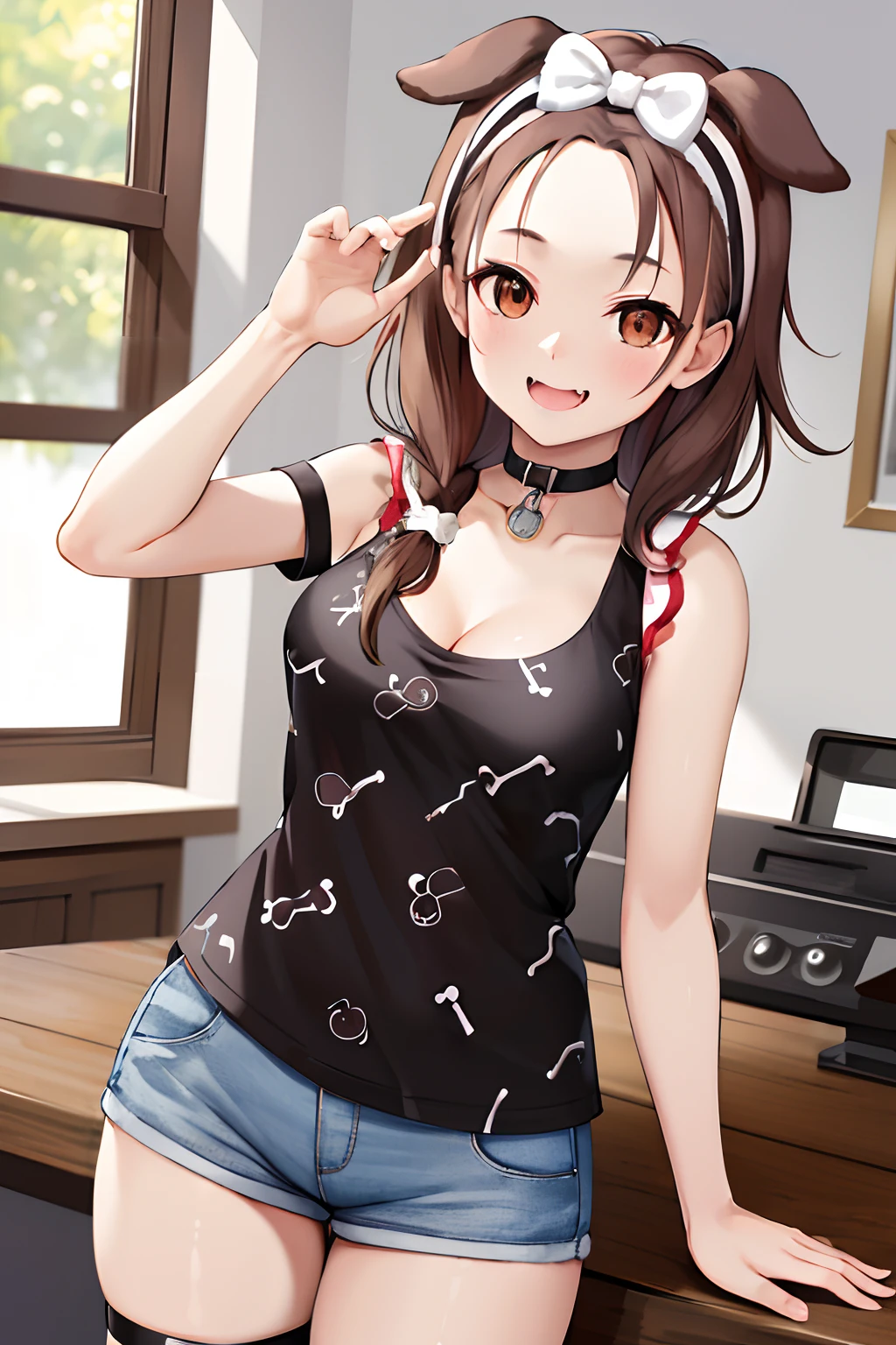 masterpiece, best quality, highres, ik3, black shirt, animal ears, brown hair, forehead, bow hairband, cleavage, black choker, medium breasts, thigh strap, print shirt, sleeveless shirt, short shorts, fangs, cowboy shot, smile, indoors,