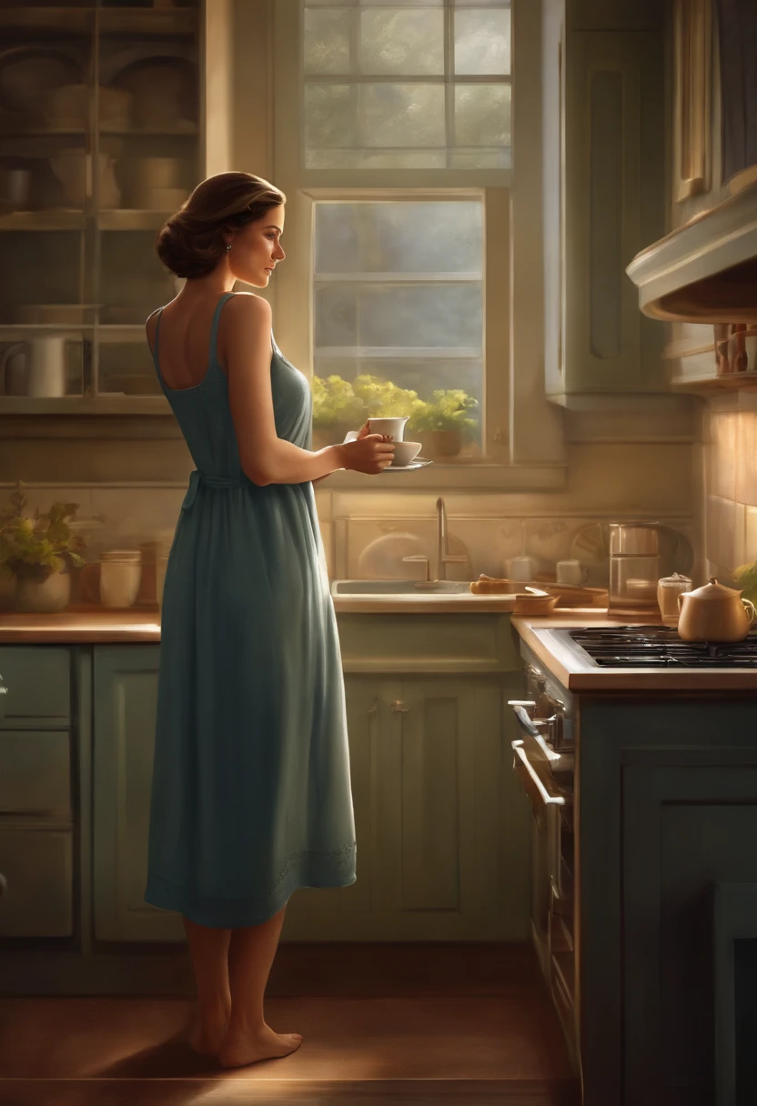Depict a serene morning, a beautiful 35-year-old woman stands in a homely kitchen, adorned in a nightgown. With a gentle smile, she savors her coffee, the steam delicately rising. Capture this scene in a super realistic style, emphasizing the quiet elegance of the moment