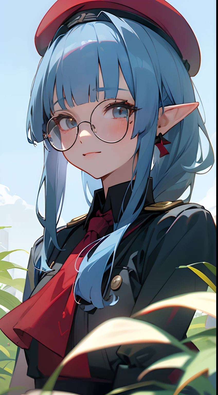 (masterpiece), best quality,  a cute elf standing in a garden,  she is wearing a black shirt, she is wearing a red beret, black shirt with collar, she is wearing a red skirt, (red skirt), simple earings, cute girl, (smilling, happy, laughing), cute eyes,  simple shirt, buccolic, wind, shinny eyes, perfect hand, feminine,
BREAK (1girl, solo,alone), photorealistic, perfect shading, relistic, detailed, realistic hair, (perfect face, expressive eyes),(close up),detailed background, backlight, cosy, cool colors, fun expression, happy vibe, relaxed atmosphere,  flowers, nature, blue flowers, leafs, intricate, gorgeous clouds, beautiful sky, grass, depth

BREAK her hair is light blue, (blunt bangs), long hair expressive eyes, perfect face, circle-glasses, light_blue_hair 

BREAK (red baret:1.5), ( full black shirt:1.3), (light_blue_hair:1.3), (blunt bangs:1.3)

BREAK vivid colors, perfect lighting, professional image, 4k, cuteness, soft, good emotions, happyness,