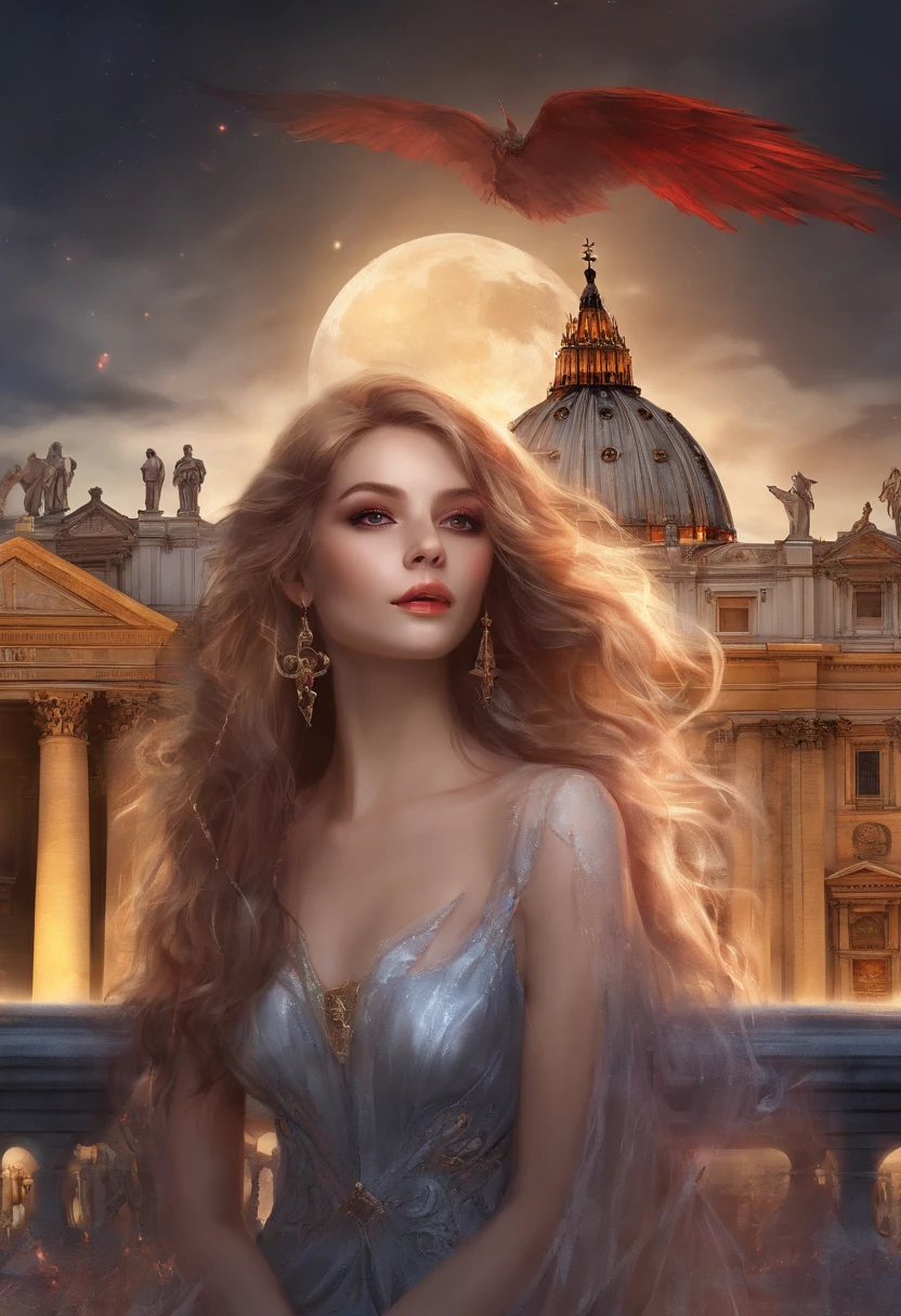 fantasy art, RPG art, photograph, RAW, (Ultra detailed: 1.5), Best Detailed, picture of a female vampire standing in St. Peter in the Vatican, an exquisute beautiful female vampire, full body, (best detailed face: 1.2), (grey skin: 1.2), red lips, (vampiric fangs1:1) (blood veins visible: 1.3), ultra feminie, blond hair, long hair, rich, flowing hair,wavy hair, red glowing eyes, wearing short dress, silk dress, intricate detaled dress, high heels, standing in St. Peter square in Vatican city, at night, full moon, stars in the sky, St. Peter square background, best quality, (extremely detailed), ultra wide shot, photorealism, depth of field, hyper realistic, 2.5 rendering,