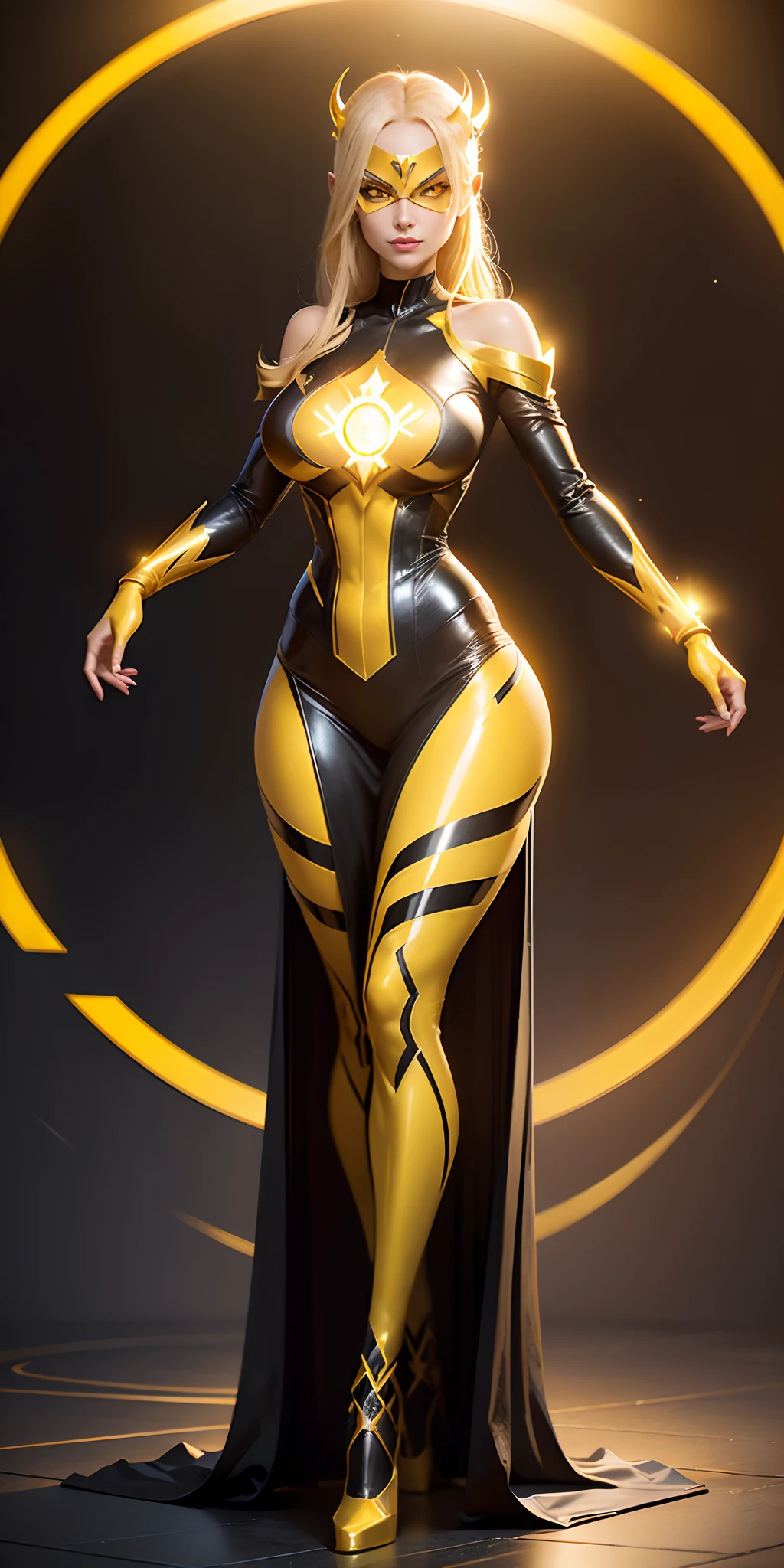 Masterpice, ((Woman dressed as yellow lantern)), (Sinestro Corps lantern) from DC comics ,((Sinestro Corps lantern)),  big breasts, big butt, sexy body, blond hair color, ((yellow ring shining ring on her right finger)) , yellow eyes color, red lips , ((yellow-orange aura around her body)) , ((mask cover her eyes), evil smile,evil look, beautiful face with evil looks,villain style, sexy body, yellow and black  uniform for  Sinestro Corps lantern , frontal, full-length, looking at the camera, facing the audience, standing posture, Galaxy with stars background  behined her , three-dimensional light, detailed full-body concept, sleek digital concept art, beautiful full-body concept art, art trend, CGsociety full-length