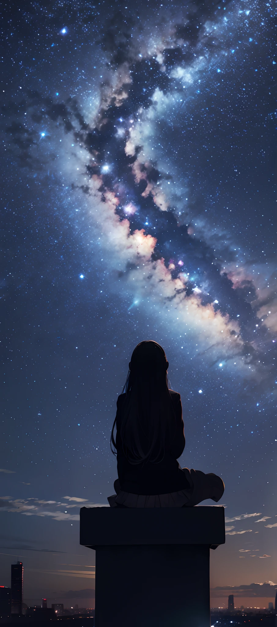 octans, sky, star (sky), scenery, starry sky, night, 1girl, night sky, solo, outdoors, building, cloud, milky way, sitting, tree, long hair, city, silhouette, cityscape