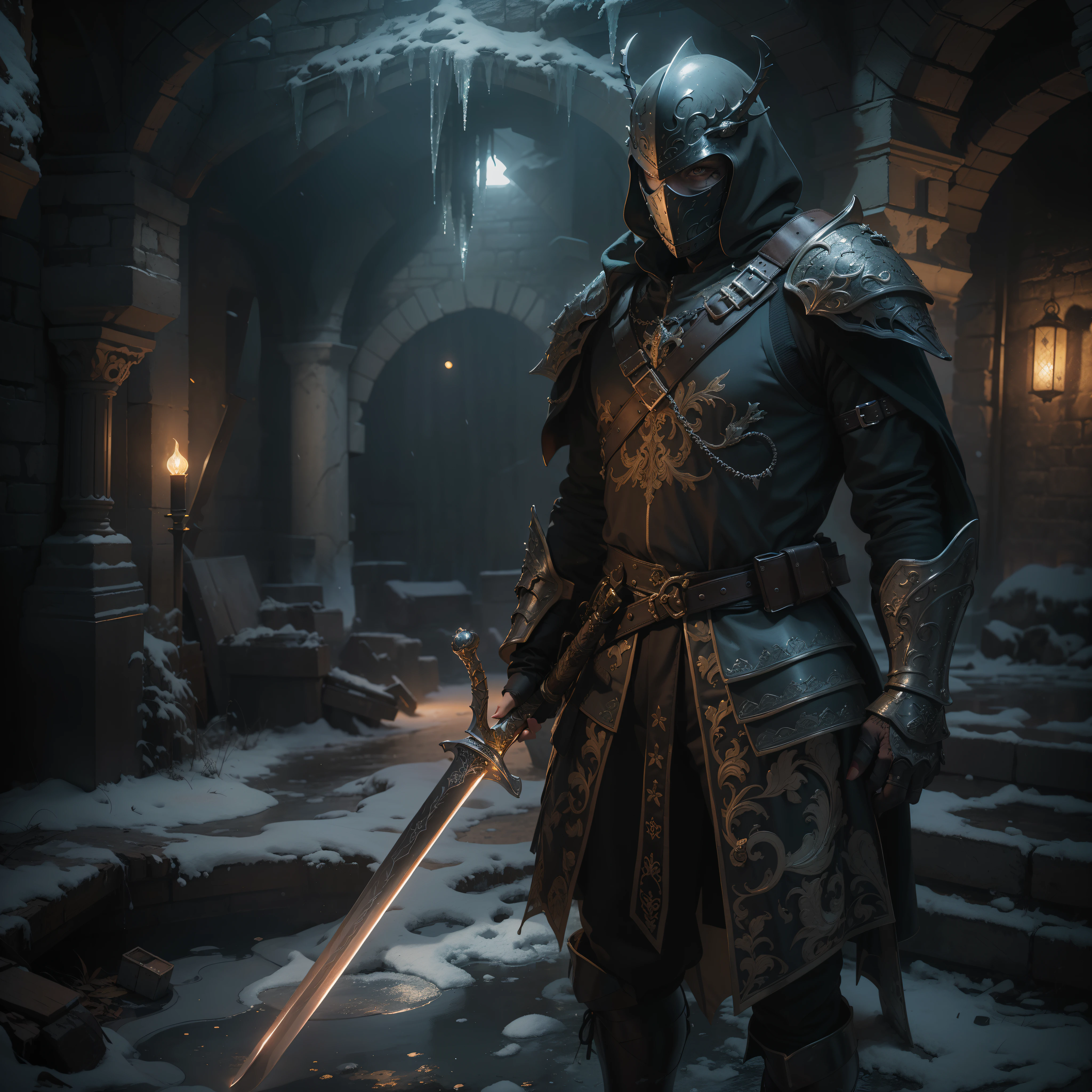 (Numerous masterpieces, Award-winning, with incredible detail, Textures and maximum detail), (hyper realistic:1.4), (Realistic:1.3), (best quality real texture skin), (Finely detailed True Circle eyes), (Finely detailed and beautiful face:1.6), ((The Medieval World)), dark black leather face mask, (Knight in Jet Black), Elegantly decorated, (dark black bulletproof vest with a delicate ornament), (The armor is covered with scars, but exquisitely decorated:1.5), Without helmet, (full-length portrait:1.6), ((Looking Up)), ((Looking down)), (Full-length standing image:1.8), (Clutching the hilt of an elaborately decorated black long sword, which glows with a monstrous light:1.7), (Dramatic pose), (Striking Pose), (BEAUTIFUL POSE), Beautiful white hair, Beautiful silver hair, Beautiful blonde hair ,Bathrobe made of black cobwebs, Spiders on armor, Strong warrior, Agile warrior, Fantasy, ((Dramatic photo)), ((Dynamic photo)), full body view, Highly detailed, ultra-realistic, intricate details, painting (Artwork), ((Masterpiece,Best Quality)), ((cinematiclight)), hyper realistic, fearsome, Dark Fantasy , Detailed armor, Detailed helmet, Epic Realistic, Faded, ((neutral colors)), Art, (HDR:1.5), (Muted colors:1.2), hyper detailed, (Art Station:1.5), Cinematic, warm light, luminous effect, Dramatic light, (intricate details:1.1), Complex background, (by Greg Rutkowsky:0.8), (teal and orange:0.4), (Swirling flame), (Swirling zipper), (Swirling ice and snow), Old ruins, teeming with plants, The ruins of the old castle, In the dungeon, Ruins of an ancient castle, Abandoned mine, Abandoned ruins, Crushing ruins, Ruins with clean puddles, twilight, Sunset, nightfall, ripples on the water, Plumbing, Battlefield, bioluminescense,