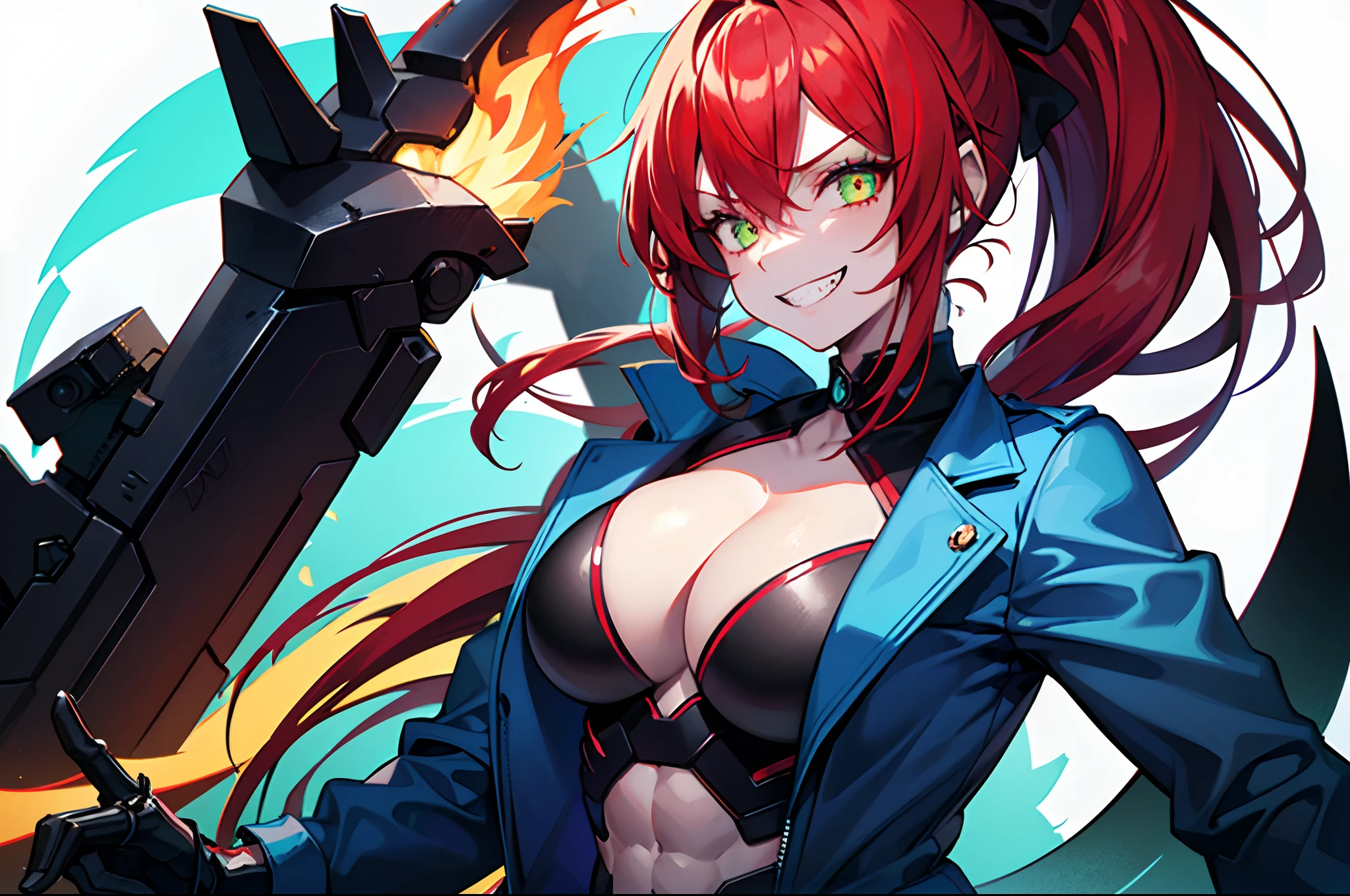 1 girl, solo, dark flaming red hair, (colourful_fringes), view from the side, menacing aura, grin, evil expression, jagged teeth, ponytail, black bow, glowing emerald green cyborg eyes, blue jacket, large breasts, V-neck, short gloves, (muscular physique), cyberpunky background