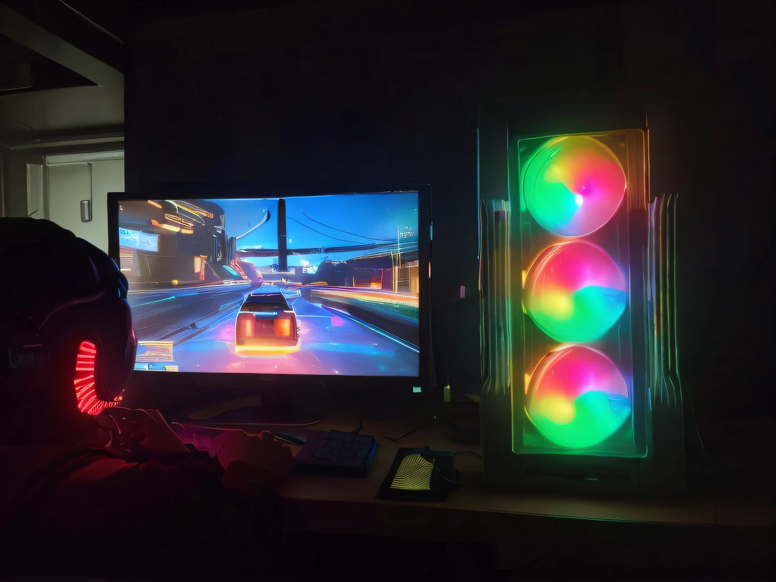there is a man playing a video game on a computer, rgb ethereal lighting, rgb lights, rgb lighting, rgb, rainbow overlay! beautifully lit, led gaming, glowing with colored light, rainbow caustic lighting, nice lighting, rgb led lights, colored lighting, 8 k rez, slick leds, glowing screens, rgb led, extreme backlighting