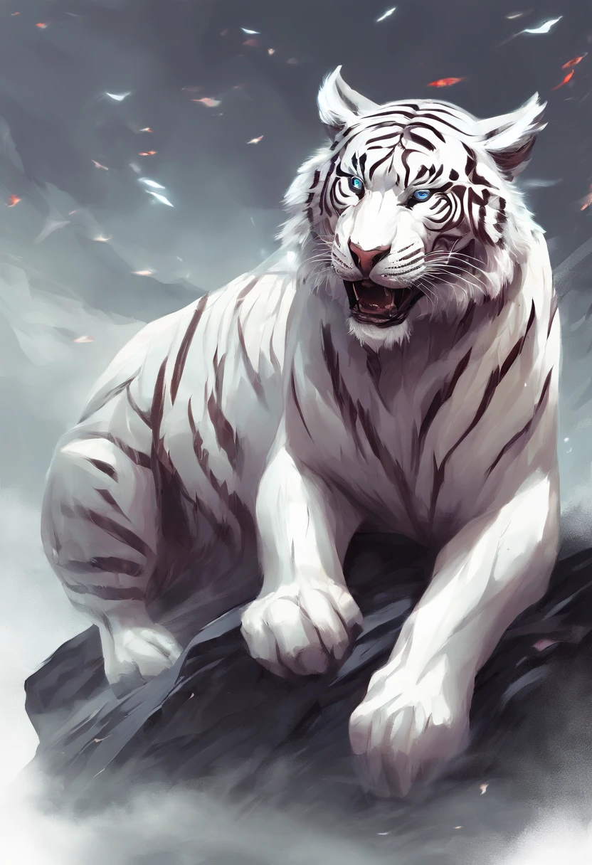 China-style,Chinese mythology,White Tiger,roar,ferocious,gigantic,Eyes glow red,glow effects,High hills,cloudy fog,the night,Medium View Scene,body complet, like a, highly detailed surreal vfx,oc render, - AR 16:9 --q 2 --s 1000