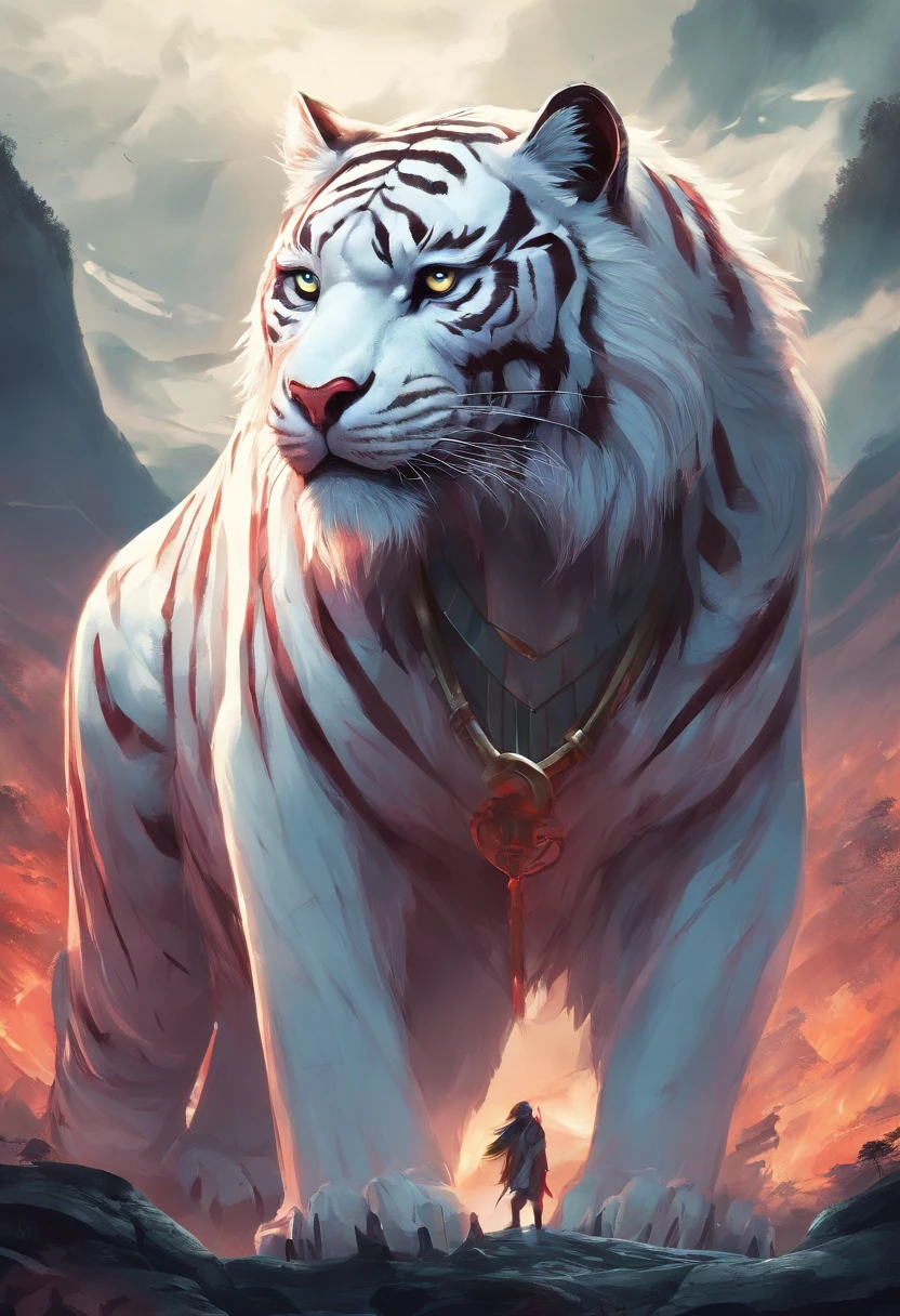 China-style,Chinese mythology,White Tiger,roar,ferocious,gigantic,Eyes glow red,glow effects,High hills,cloudy fog,the night,Medium View Scene,body complet, like a, highly detailed surreal vfx,oc render, - AR 16:9 --q 2 --s 1000