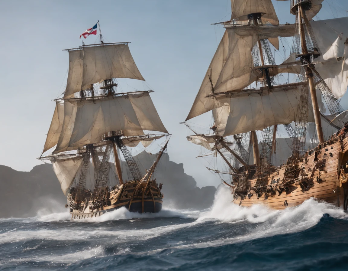 Spanish galleon in combat with ship a French ship Hermione