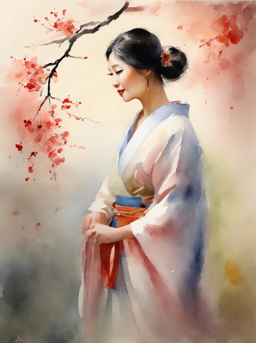Watercolor painting of a Very Beautiful Japanese girl : : Trending on Artstation: : Simple composition creates a sense of order and harmony. The painting reflects the spiritual qualities of the natural world. --up light --ar 9:16