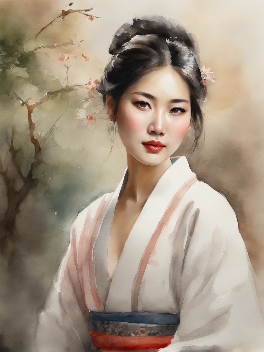 Watercolor painting of a Very Beautiful Japanese girl : : Trending on Artstation: : Simple composition creates a sense of order and harmony. The painting reflects the spiritual qualities of the natural world. --up light --ar 9:16