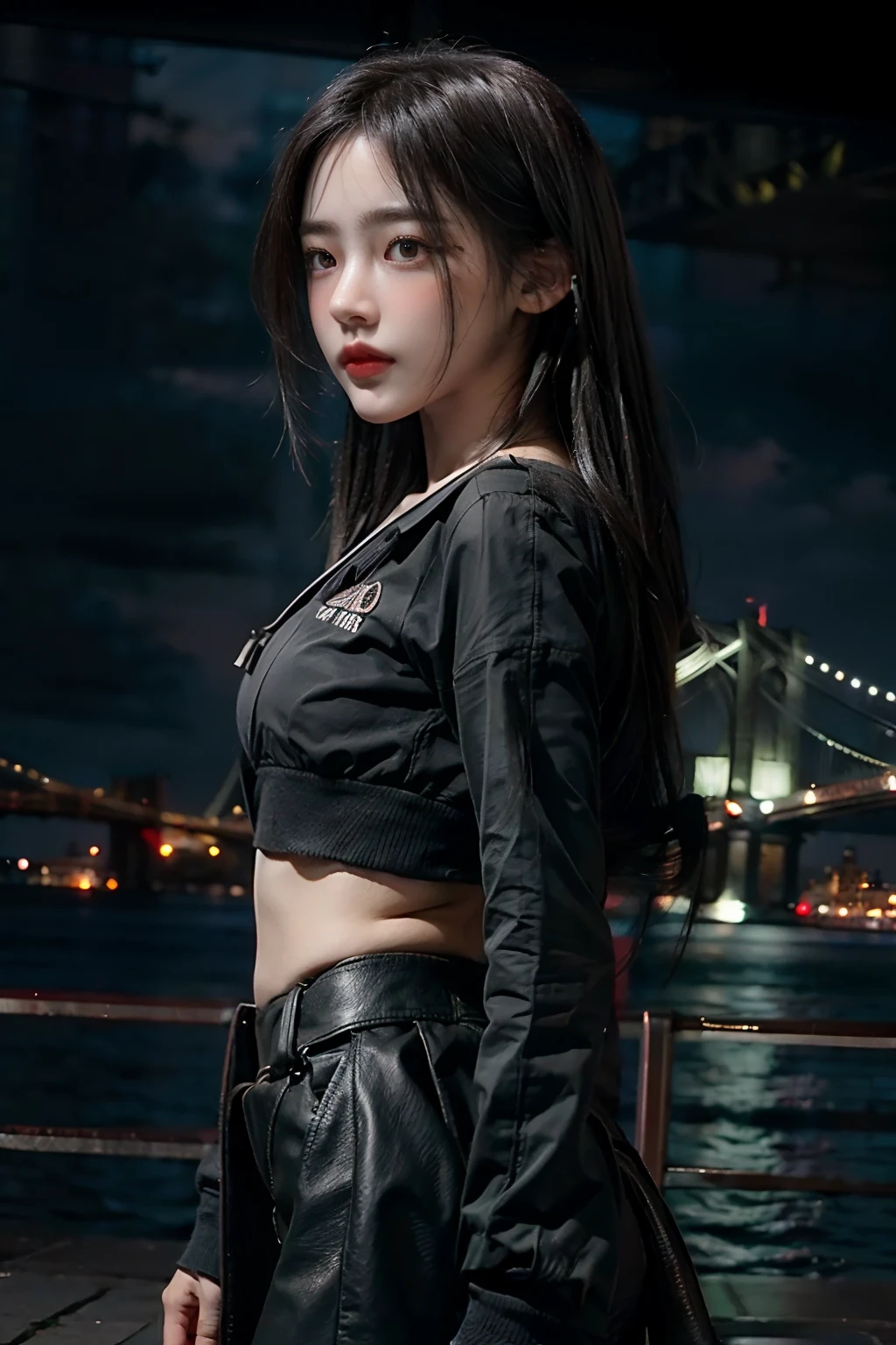 1girl, (Olhando para o Viewer:1.2), detalhe do rosto,  (one girl standing, Sobre a CGSeportence, Sombras negras, streaming, new york backdrop), Romantismo, Atmospheric, (Foto RAW, best quality), (Realistic, photo-realistic:1.3), master part, um extremamente delicado e bonito, extremamente detalhado,