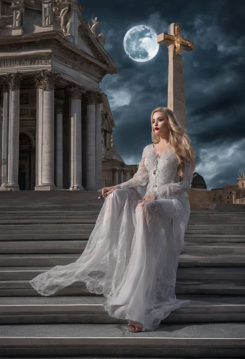 fantasy art, RPG art, photograph, RAW, (Ultra detailed: 1.5), Best Detailed, picture of a female vampire standing in St. Peter in the Vatican, an exquisute beautiful female vampire, full body, (best detailed face: 1.2), (grey skin: 1.2), red lips, (vampiric fangs1:1) (blood veins visible: 1.3), ultra feminie, blond hair, long hair, rich, flowing hair,wavy hair, red glowing eyes, wearing short dress, silk dress, intricate detaled dress, high heels, standing in St. Peter square in Vatican city, at night, full moon, stars in the sky, St. Peter square background, best quality, (extremely detailed), ultra wide shot, photorealism, depth of field, hyper realistic, 2.5 rendering,