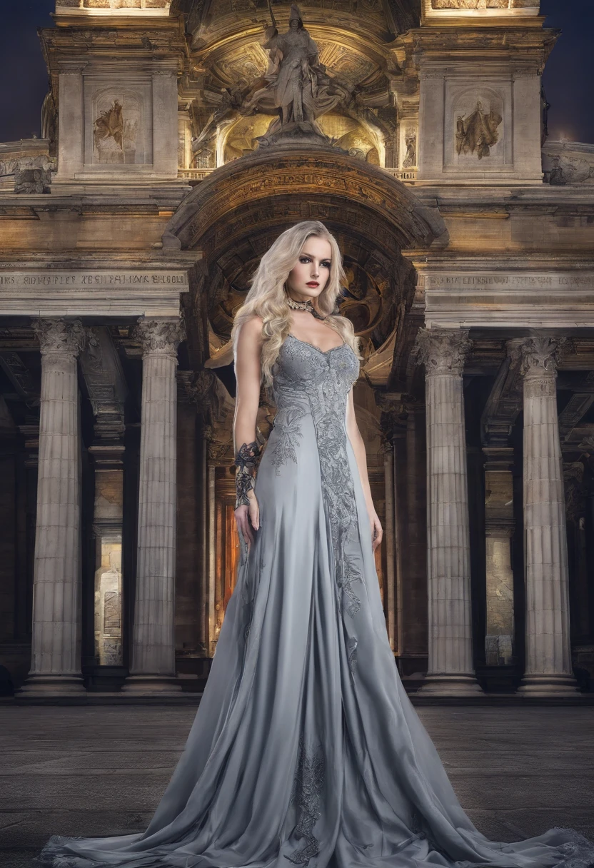 fantasy art, RPG art, photograph, RAW, (Ultra detailed: 1.5), Best Detailed, picture of a female vampire standing in St. Peter in the Vatican, an exquisute beautiful female vampire, full body, (best detailed face: 1.2), (grey skin: 1.2), red lips, (vampiric fangs1:1) (blood veins visible: 1.3), ultra feminie, blond hair, long hair, rich, flowing hair,wavy hair, red glowing eyes, wearing short dress, silk dress, intricate detaled dress, high heels, standing in St. Peter square in Vatican city, at night, full moon, stars in the sky, St. Peter square background, best quality, (extremely detailed), ultra wide shot, photorealism, depth of field, hyper realistic, 2.5 rendering,