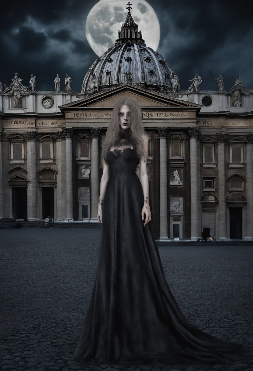 fantasy art, RPG art, photograph, RAW, (Ultra detailed: 1.5), Best Detailed, picture of a female vampire standing in St. Peter in the Vatican, an exquisute beautiful female vampire, full body, (best detailed face: 1.2), (grey skin: 1.2), red lips, (vampiric fangs1:1) (blood veins visible: 1.3), ultra feminie, blond hair, long hair, rich, flowing hair,wavy hair, red glowing eyes, wearing short dress, silk dress, intricate detaled dress, high heels, standing in St. Peter square in Vatican city, at night, full moon, stars in the sky, St. Peter square background, best quality, (extremely detailed), ultra wide shot, photorealism, depth of field, hyper realistic, 2.5 rendering,