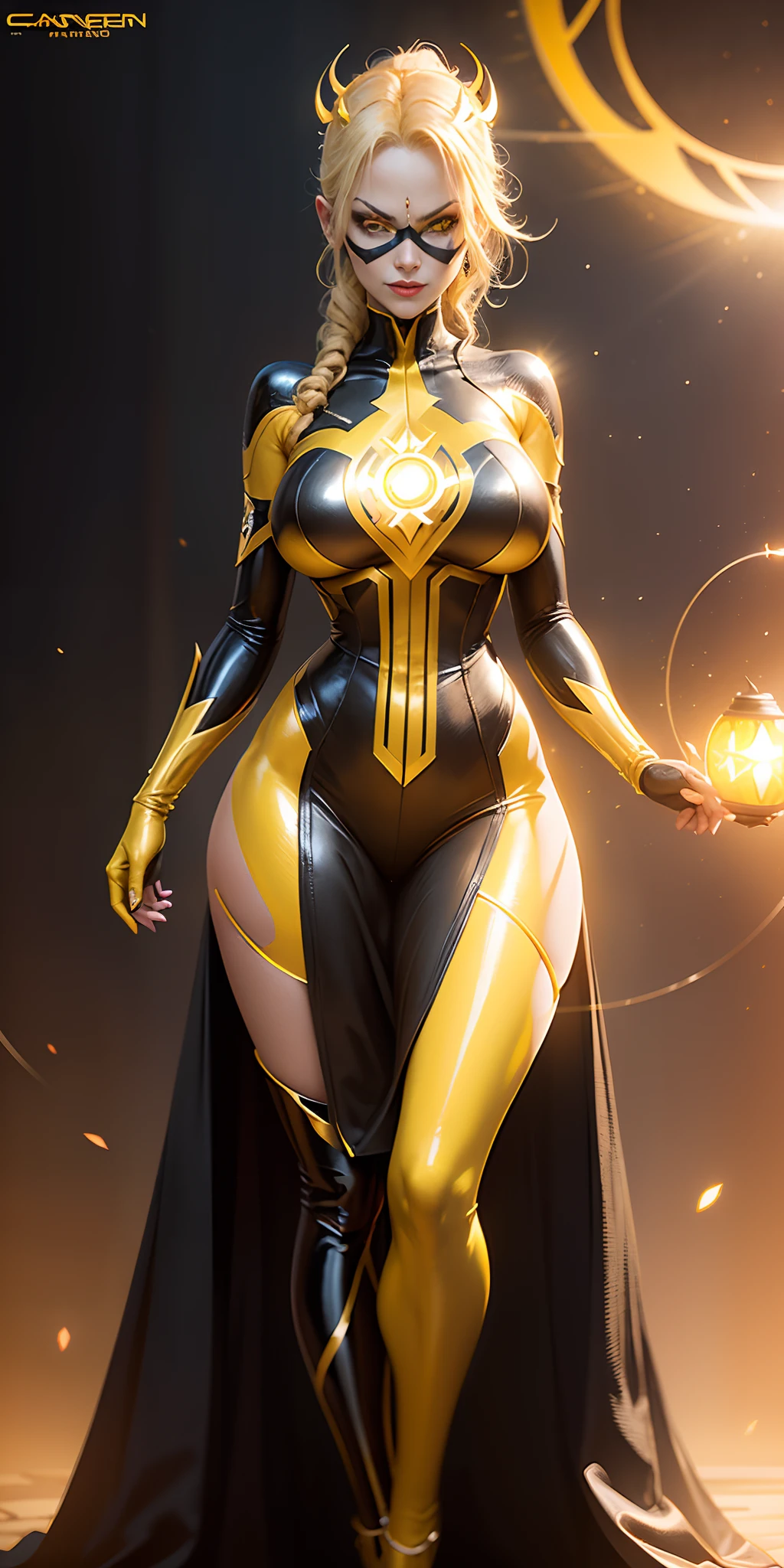 Masterpice, ((Woman dressed as yellow lantern)), (Sinestro Corps lantern) from DC comics ,((Sinestro Corps lantern)),  big breasts, big butt, sexy body, blond hair color, ((yellow ring shining ring on her right finger)) , yellow eyes color, red lips , ((yellow-orange aura around her body)) , ((mask cover her eyes), evil smile,evil look, beautiful face with evil looks,villain style, sexy body, yellow and black  uniform for  Sinestro Corps lantern , frontal, full-length, looking at the camera, facing the audience, standing posture, Galaxy with stars background  behined her , three-dimensional light, detailed full-body concept, sleek digital concept art, beautiful full-body concept art, art trend, CGsociety full-length