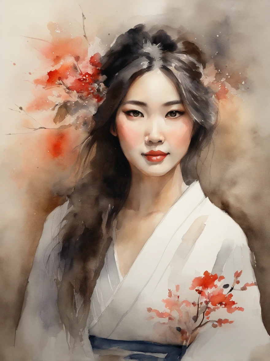 Watercolor painting of a Very Beautiful Japanese girl : : Trending on Artstation: : Simple composition creates a sense of order and harmony. The painting reflects the spiritual qualities of the natural world. --up light --ar 9:16