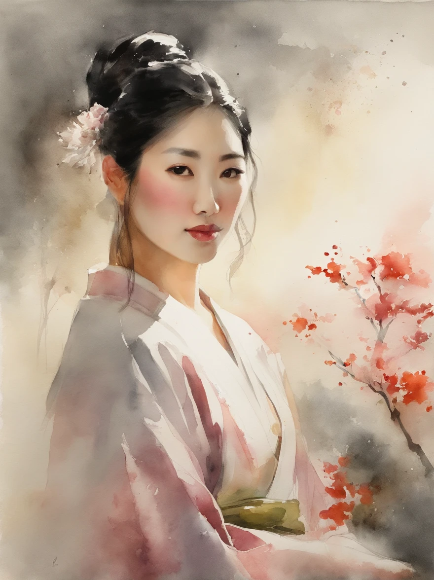 Watercolor painting of a Very Beautiful Japanese girl : : Trending on Artstation: : Simple composition creates a sense of order and harmony. The painting reflects the spiritual qualities of the natural world. --up light --ar 9:16
