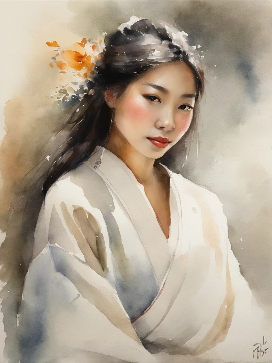 Watercolor painting of a Very Beautiful Japanese girl : : Trending on Artstation: : Simple composition creates a sense of order and harmony. The painting reflects the spiritual qualities of the natural world. --up light --ar 9:16