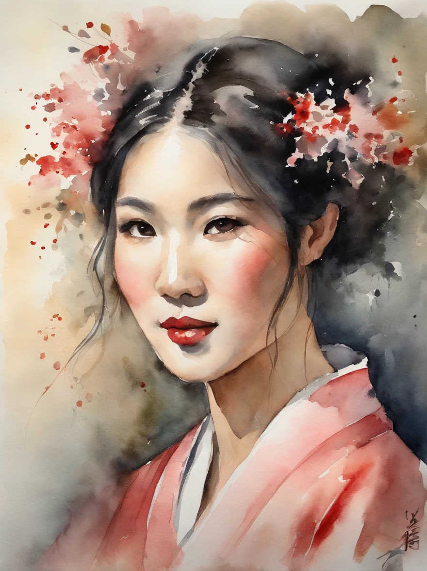 Watercolor painting of a Very Beautiful Japanese girl : : Trending on Artstation: : Simple composition creates a sense of order and harmony. The painting reflects the spiritual qualities of the natural world. --up light --ar 9:16