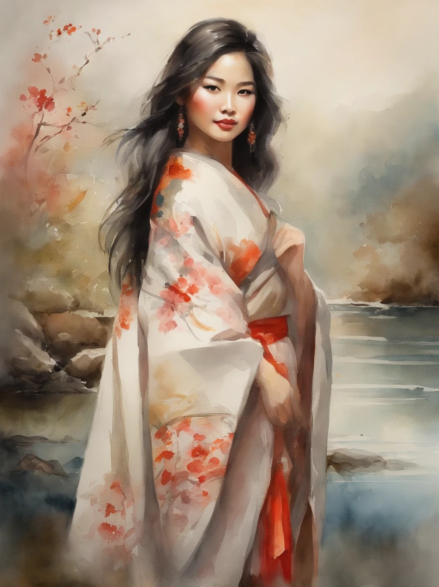 Watercolor painting of a Very Beautiful Japanese girl : : Trending on Artstation: : Simple composition creates a sense of order and harmony. The painting reflects the spiritual qualities of the natural world. --up light --ar 9:16